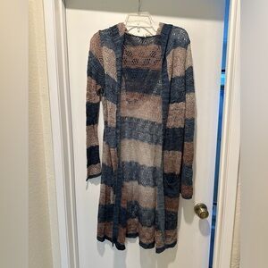 Moth by Anthropologie Blue & Tan Striped Cardigan Knit Sheer Hooded Size Small